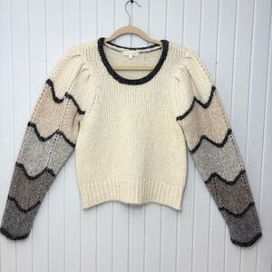 LoveShackFancy Aspyn Beige Gray Colorblock Puff Sleeve Zigzag Knit Sweater L